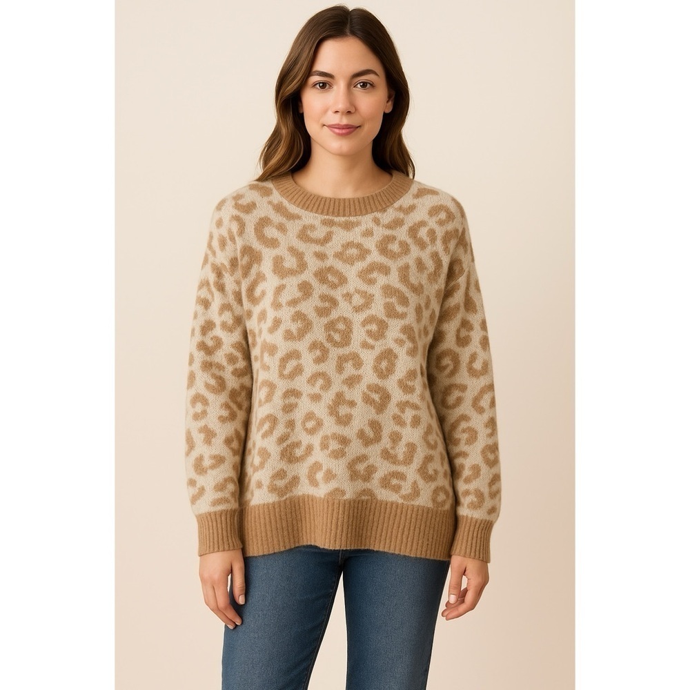 Aerie Cozy Leopard Print Sweater Tan Cream Soft Fuzzy Knit Oversized M